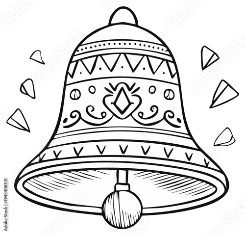Hand drawn bell artwork featuring decorative shapes and hanging clapper in black and white line art for holiday concepts, celebration, or Christmas themes