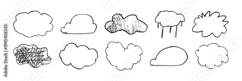 Collection of crayon-drawn clouds in kid's style. Pencil drawings, childish icons, isolated black lines on white. Hand-drawn various cloud shapes. Naive-style childish elements. Textured doodles 