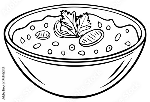 Outline Bowl of Soup with Garnish for Coloring Book Project with vegetables