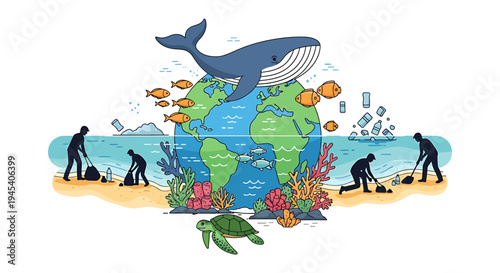 Earth Day Conservation Illustration Centered Globe Ocean Life. Vector Illustrations. EPS Editable
