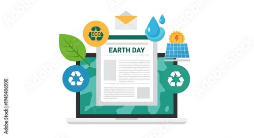 Earth Day Environmental Laptop Display With Green Icons. Vector Illustrations. EPS Editable