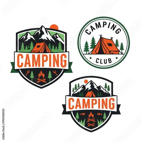Outdoor Adventure Camping Club Badges Vector Set with Mountain Landscape and Campfire