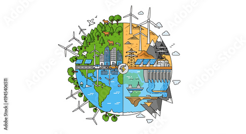 Earth Day Global Illustration Showing Renewable Energy And Nature. Vector Illustrations. EPS Editable