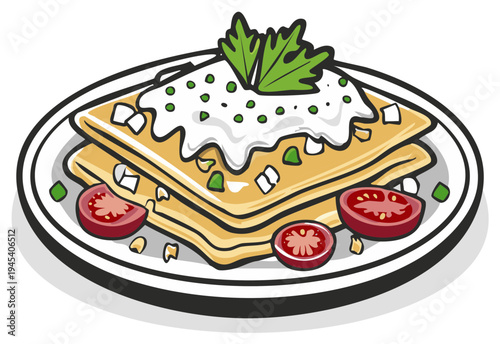 Delicious multilayered baked pasta dish with creamy topping and fresh tomato slices