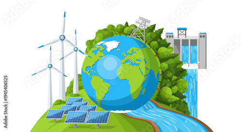 Earth Day focus on Earth with wind turbines and solar panels. Vector Illustrations. EPS Editable