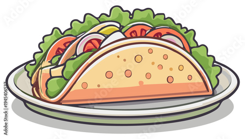 Deliciously colorful cartoon illustration of a loaded taco on a plate, featuring fresh ingredients like lettuce, tomatoes, onions, and cheese.