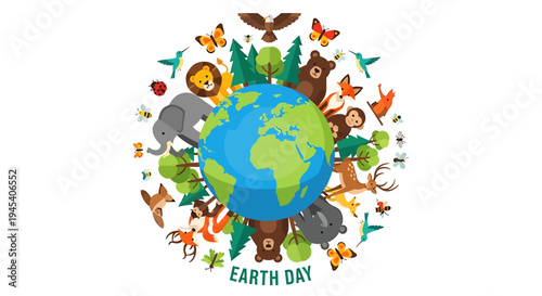 Earth Day Globe Surrounded By Animals And Nature. Vector Illustrations. EPS Editable