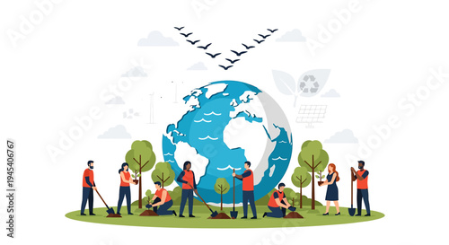 Earth Globe Surrounded by People in Environmental Collaboration. Vector Illustrations. EPS Editable