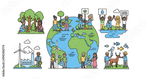 Earth Globe With Diverse People And Global Environmental Activities. Vector Illustrations. EPS Editable