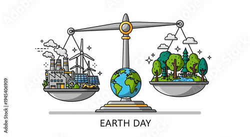 Earth on balance scale comparing industry and environment. Vector Illustrations. EPS Editable