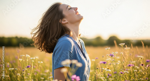 Young woman smiling joyfully while breathing deeply in a wildflower meadow at sunset, conveying peace and serenity.