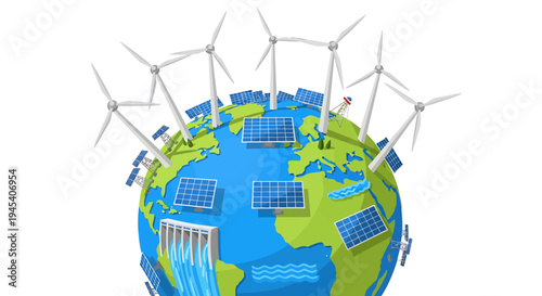 Earth with renewable energy wind turbines and solar panels. Vector Illustrations. EPS Editable