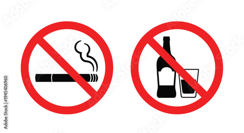No smoking and alcohol allowed prohibition signs with bold silhouette