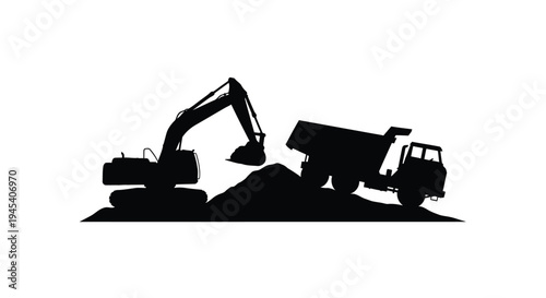Construction equipment including an excavator and dump truck silhouette