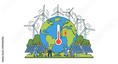 Earth Surrounded by Renewable Energy Elements And People. Vector Illustrations. EPS Editable