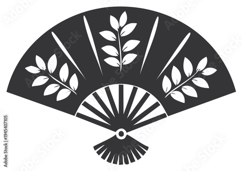 Elegant Asian folding hand fan illustration with delicate leaf patterns and traditional design element