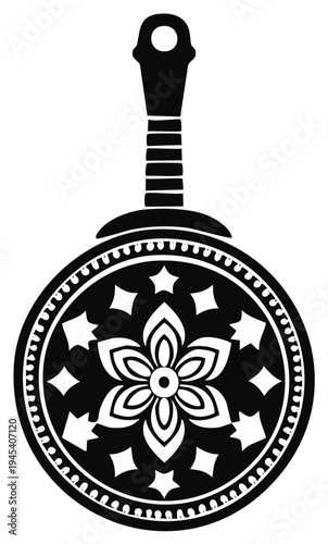 Decorative Frying Pan Silhouette with Floral Design Black and White Illustration for Culinary Arts Projects
