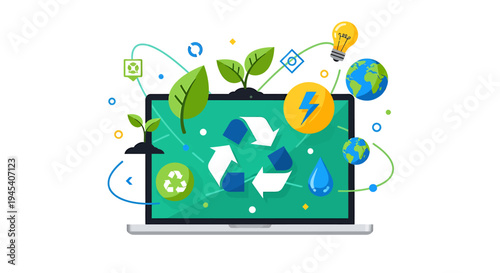 Eco Recycling Concept On Laptop Screen Illustration. Vector Illustrations. EPS Editable