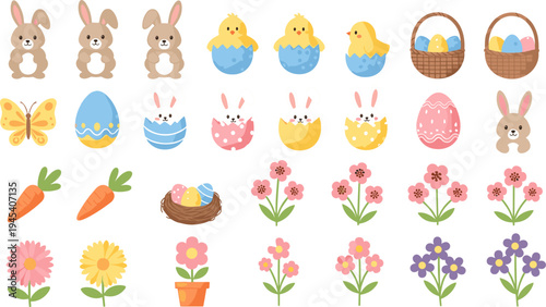 Easter Celebration Icon Set Featuring Bunnies, Carrots, Flowers, and Colorful Easter Eggs for Spring and Holiday Designs