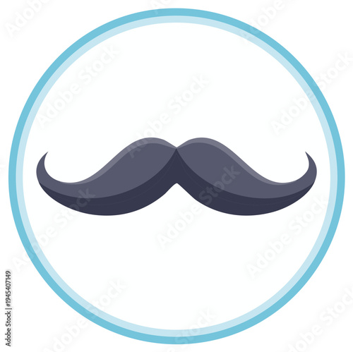 Classic retro mustache illustration with curled ends inside a light blue circle icon for grooming and style