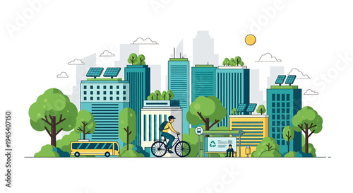 Eco Urban Cityscape With Bicycle And Green Elements. Vector Illustrations. EPS Editable