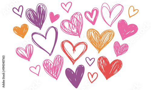 Collection of hand drawn hearts in various pink, purple, and orange colors on a white background, showcasing different sizes and brush stroke patterns, perfect for expressing love 