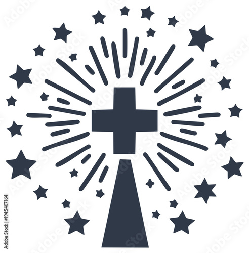 Christian Cross with Radiant Rays and Stars Celebration Symbol