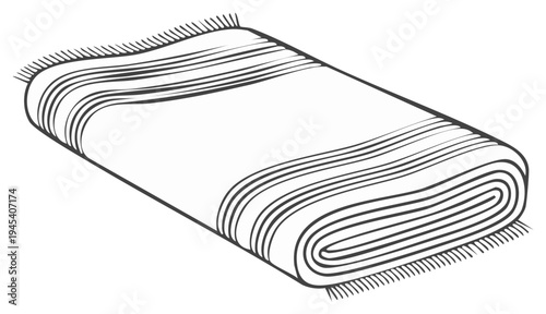 Rolled-up striped beach towel illustration, top view, monochrome outline