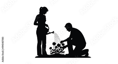 Couple gardening together woman watering plants man tending garden silhouette