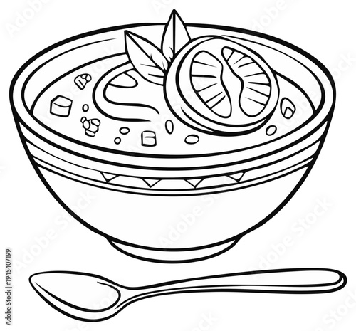 Drawing of hot food bowl garnished with herbs and tomato with a metal spoon for a food illustration