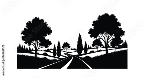 Scenic landscape with winding road and trees in dark silhouette