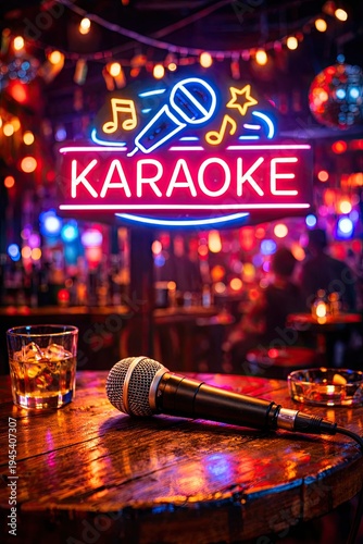 Neon karaoke sign with microphone and whiskey glass on bar table in vibrant nightlife club background