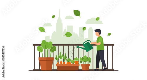 Gardener tending potted plants on balcony. Vector Illustrations. EPS Editable