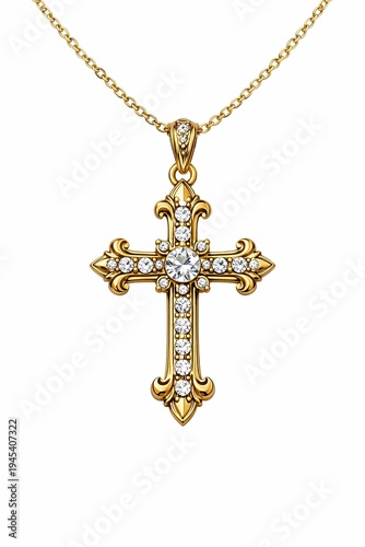 Classic gold cross pendant with brilliant diamonds and elegant design on fine chain, isolated on white