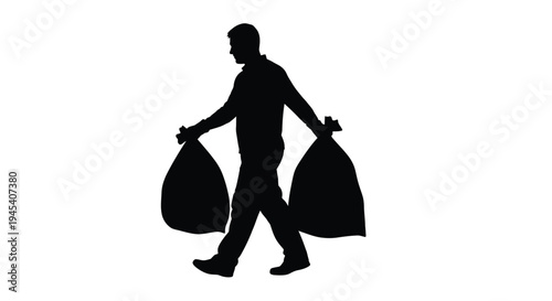 Man carrying trash bags walks forward in stark silhouette