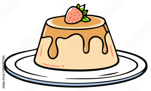 Delicious caramel pudding topped with fresh strawberry and mint leaf on a white plate