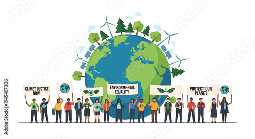 Global Community For Sustainable Energy And Environmental Awareness. Vector Illustrations. EPS Editable