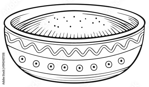 Stylized traditional decorative bowl filled with granular food outline drawing illustration
