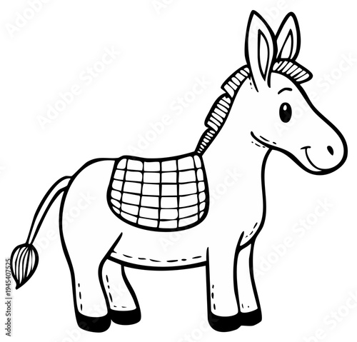Cartoon Donkey with Saddle Black and White Illustration