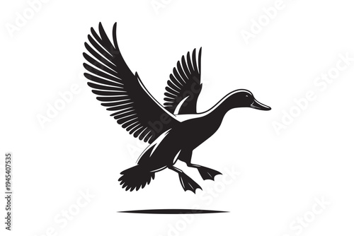 Flying mallard duck silhouette isolated on white. Wild bird waterfowl icon for hunting and nature design vector illustration.