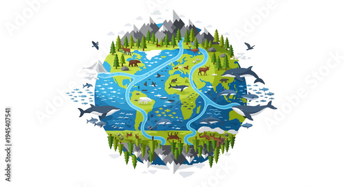 Global Earth Globe Showcasing Nature and Environment. Vector Illustrations. EPS Editable