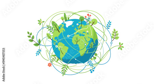 Global Earth with climbing vines and leaves. Vector Illustrations. EPS Editable