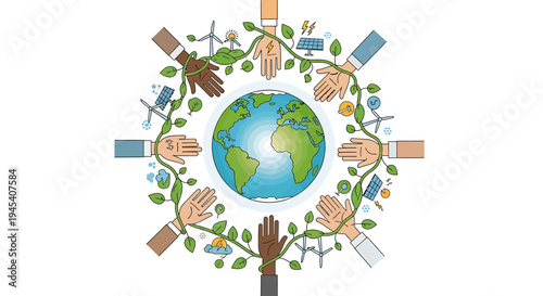 Global Earth Surrounded by Hands Circle Unity Concept. Vector Illustrations. EPS Editable
