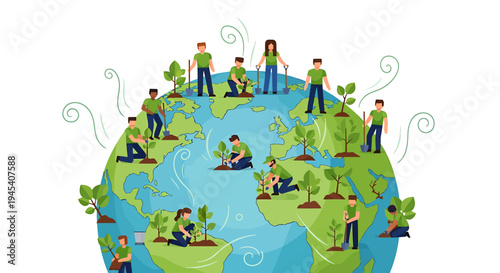 Global Earth With People Around The World. Vector Illustrations. EPS Editable