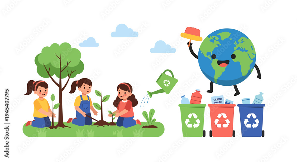 Fototapeta premium Kids planting trees for a greener planet initiative. Vector Illustrations. EPS Editable