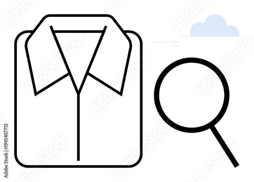 Shirt outline next to a magnifying glass symbolizing quality control, precision, and attention to detail. Ideal for fashion, inspection, quality control, cleanliness, textile care, retail