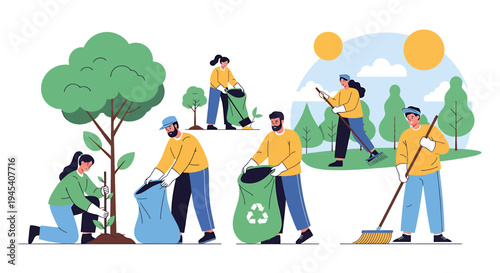 Group Of Volunteers Cleaning Outdoor Park Environment. Vector Illustrations. EPS Editable