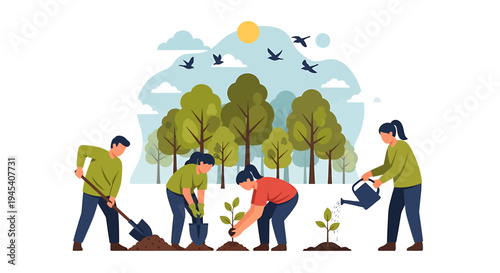 Group of Volunteers Planting Trees in Park Garden. Vector Illustrations. EPS Editable