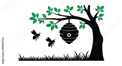 Tree branch with beehive bees and foliage in black silhouette