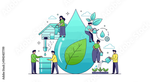 Large water drop with leaf and people illustration. Vector Illustrations. EPS Editable